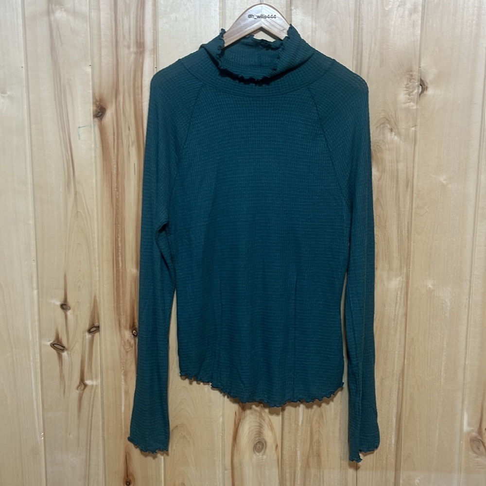 Intimately Free People Make It Easy Waffle Knit Lettuce Hem Thermal Top in Teal - Picture 4 of 8